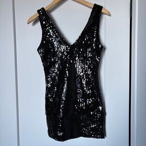 Black Sequin V-Neck Tank Top / Mini Dress – Size Small - Y2K Glam Party Club